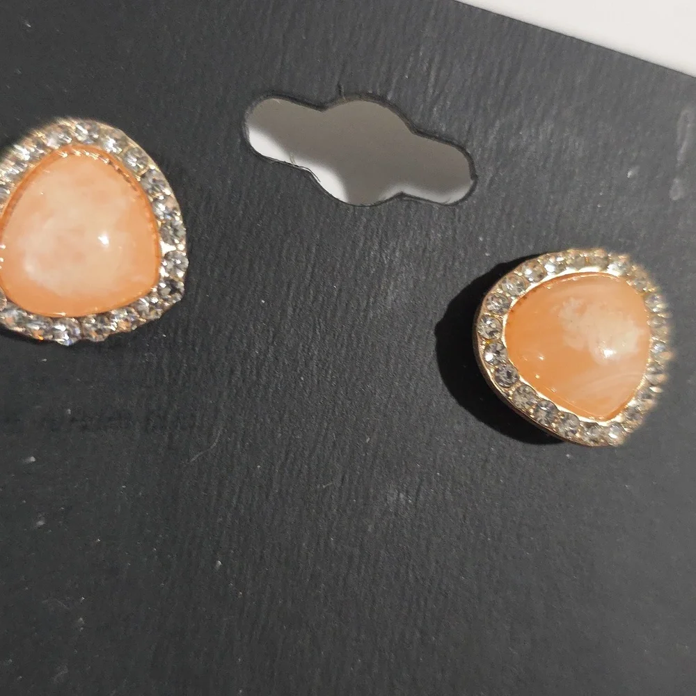 Rose Gold tone & Peach Stone Pendant Necklace & Matching Earrings Jewelry Set